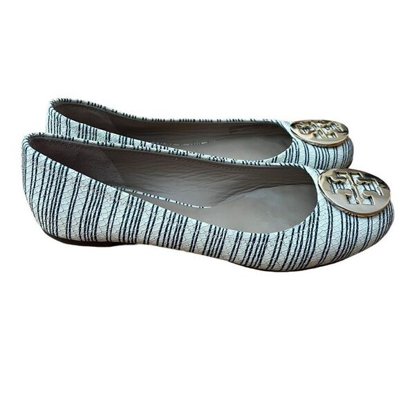 Tory Burch Reva Stripe Ballet Flat Beige Blue Snakeskin Size 8 - Picture 4 of 9